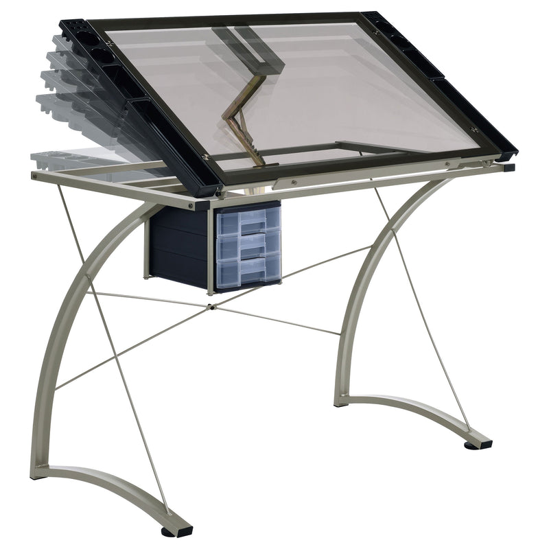 Mesa de dibujo Melo de 41 pulgadas con superficie de cristal y almacenamiento, color plata