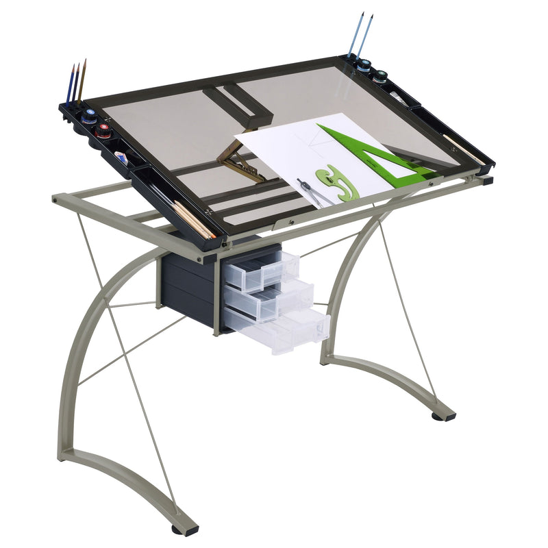 Mesa de dibujo Melo de 41 pulgadas con superficie de cristal y almacenamiento, color plata