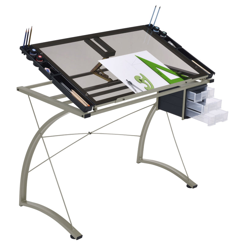 Mesa de dibujo Melo de 41 pulgadas con superficie de cristal y almacenamiento, color plata