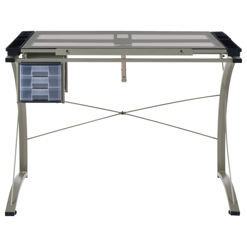 Mesa de dibujo Melo de 41 pulgadas con superficie de cristal y almacenamiento, color plata