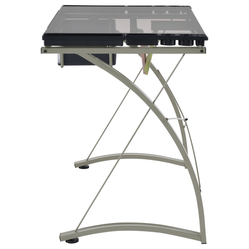 Mesa de dibujo Melo de 41 pulgadas con superficie de cristal y almacenamiento, color plata