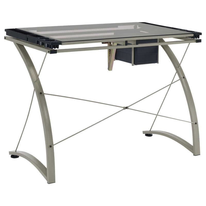 Mesa de dibujo Melo de 41 pulgadas con superficie de cristal y almacenamiento, color plata