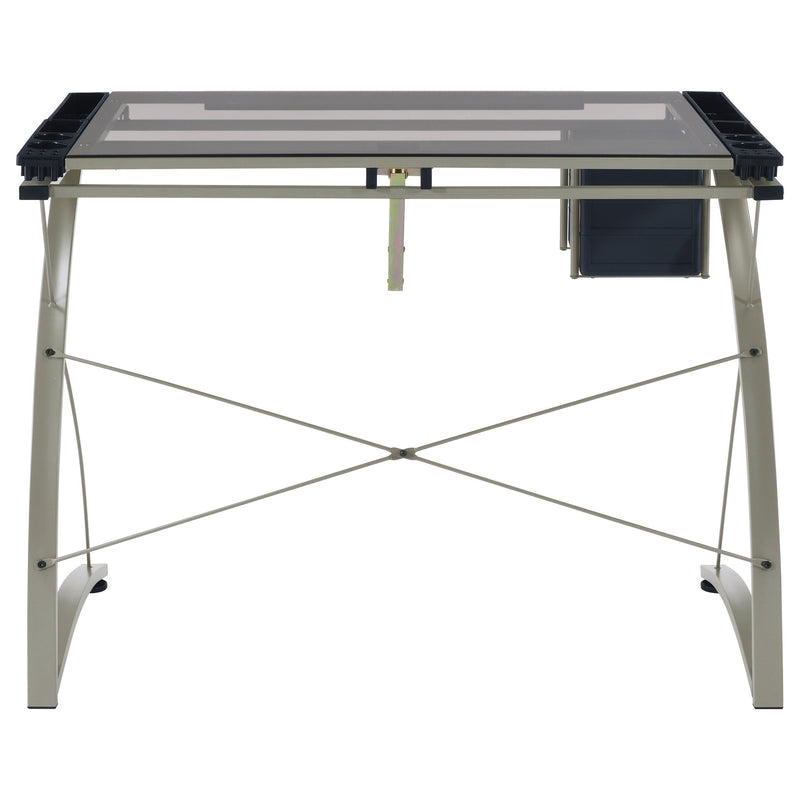 Mesa de dibujo Melo de 41 pulgadas con superficie de cristal y almacenamiento, color plata