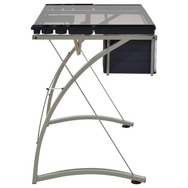 Mesa de dibujo Melo de 41 pulgadas con superficie de cristal y almacenamiento, color plata