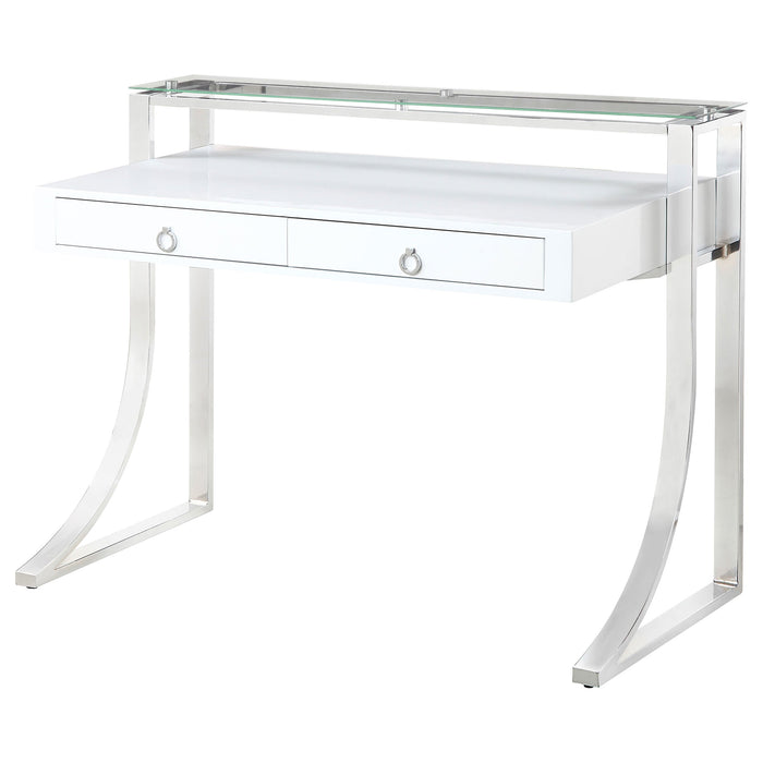 Gemma 2-drawer Writing Desk Glossy White and Chrome