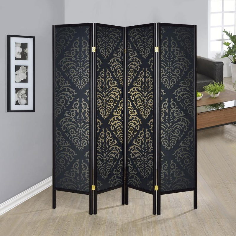 Divisor de ambientes de 4 paneles Haidera, biombo plegable, damasco negro