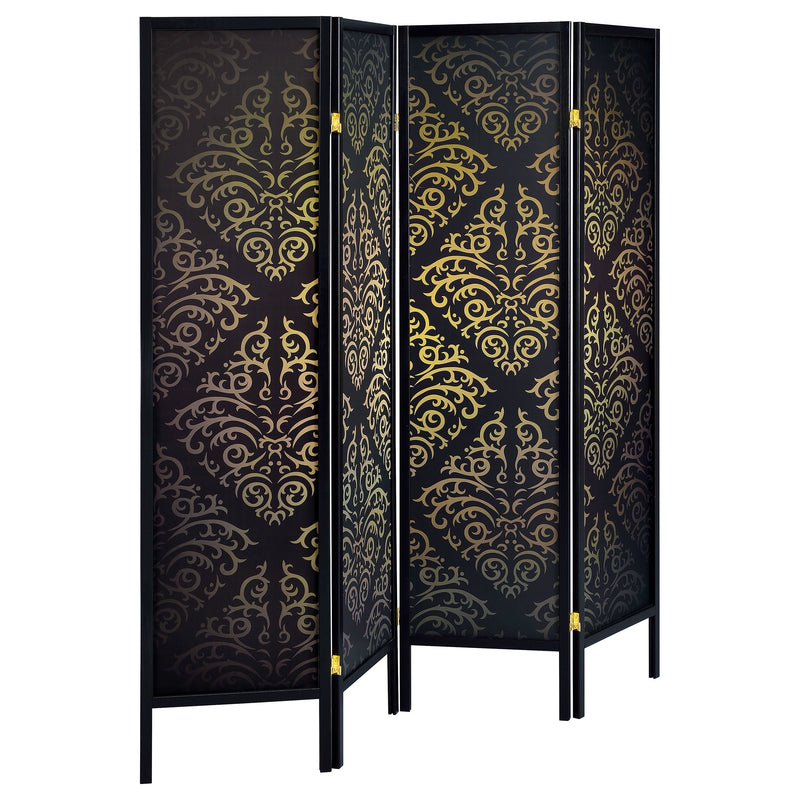 Divisor de ambientes de 4 paneles Haidera, biombo plegable, damasco negro