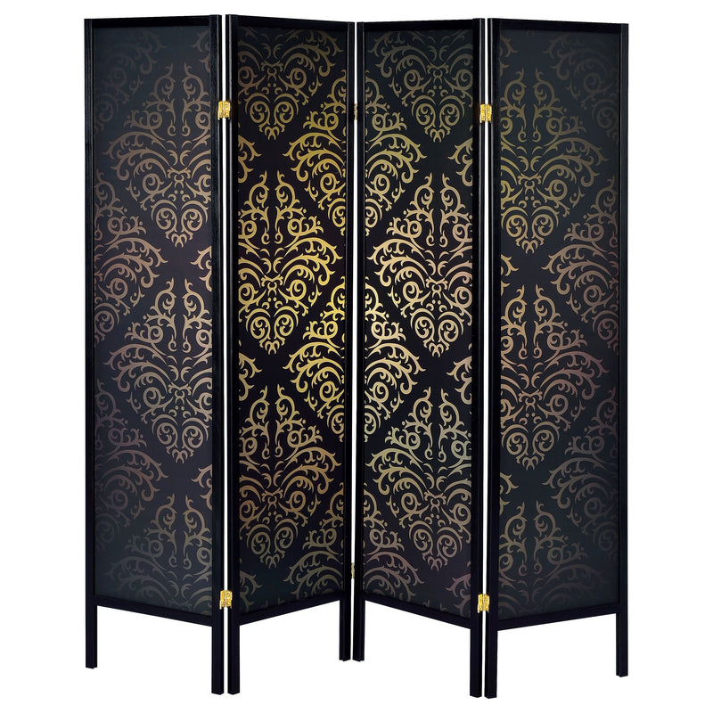 Divisor de ambientes de 4 paneles Haidera, biombo plegable, damasco negro