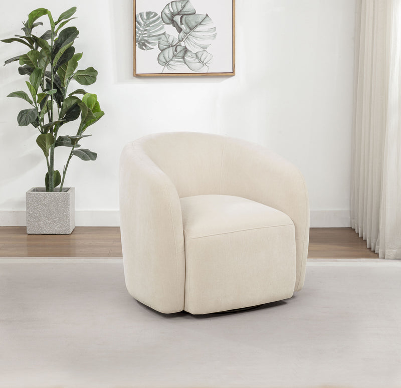 Sillón giratorio auxiliar tapizado en chenilla Gerley, color beige