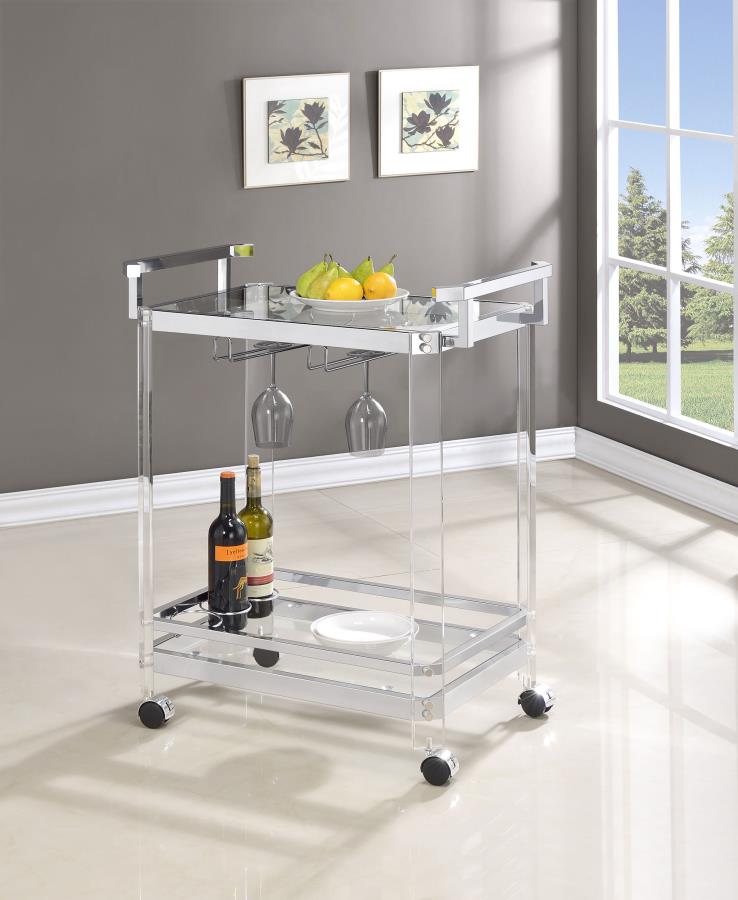 Carrito de bar Jefferson de dos niveles de cristal y acrílico cromado