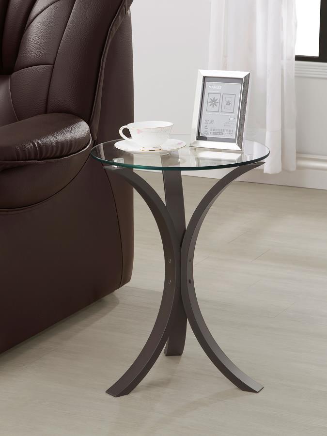 Mesa auxiliar decorativa Edgar con tapa de cristal redonda, color capuchino
