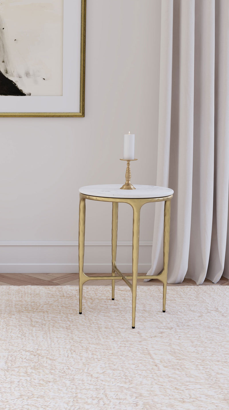 Mesa auxiliar redonda Baldwin con tablero de mármol blanco y dorado