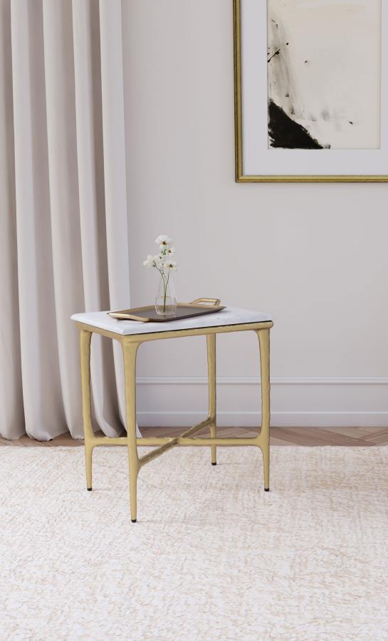 Mesa auxiliar rectangular Baldwin con tapa de mármol, blanca y dorada