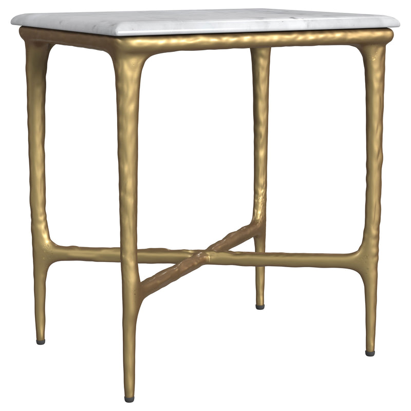 Mesa auxiliar rectangular Baldwin con tapa de mármol, blanca y dorada