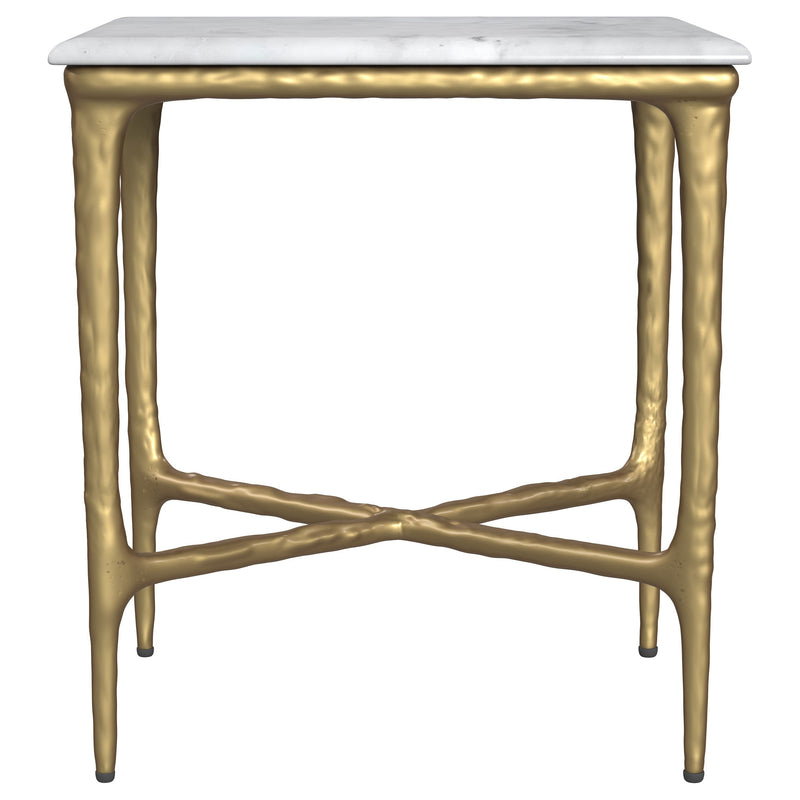Mesa auxiliar rectangular Baldwin con tapa de mármol, blanca y dorada