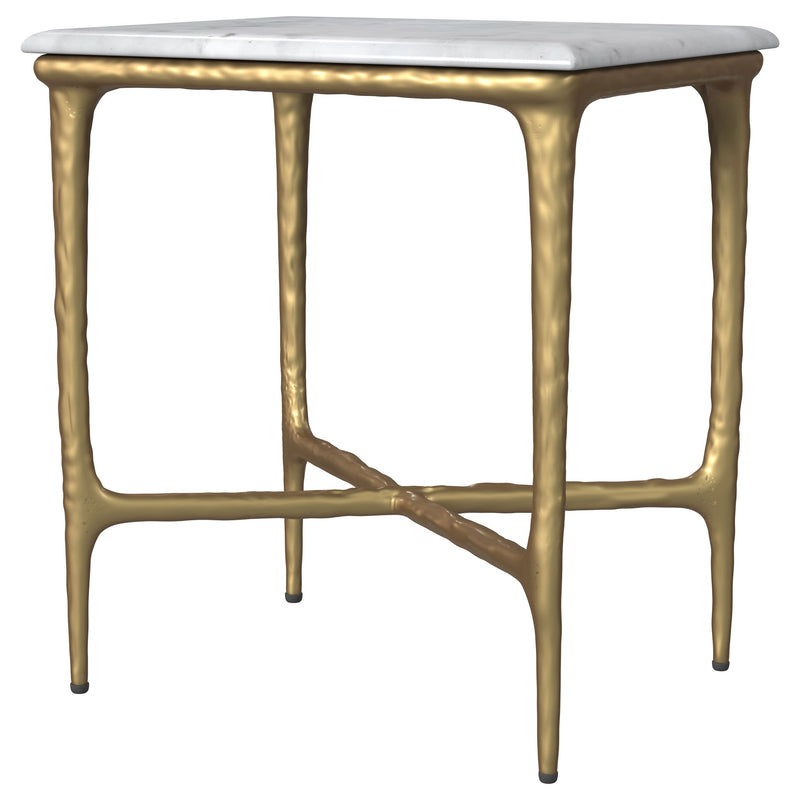 Mesa auxiliar rectangular Baldwin con tapa de mármol, blanca y dorada