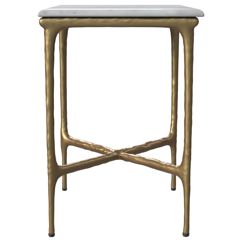 Mesa auxiliar rectangular Baldwin con tapa de mármol, blanca y dorada