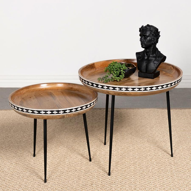 Mesa nido de 2 piezas de madera maciza con incrustaciones de hueso Ollie Natural
