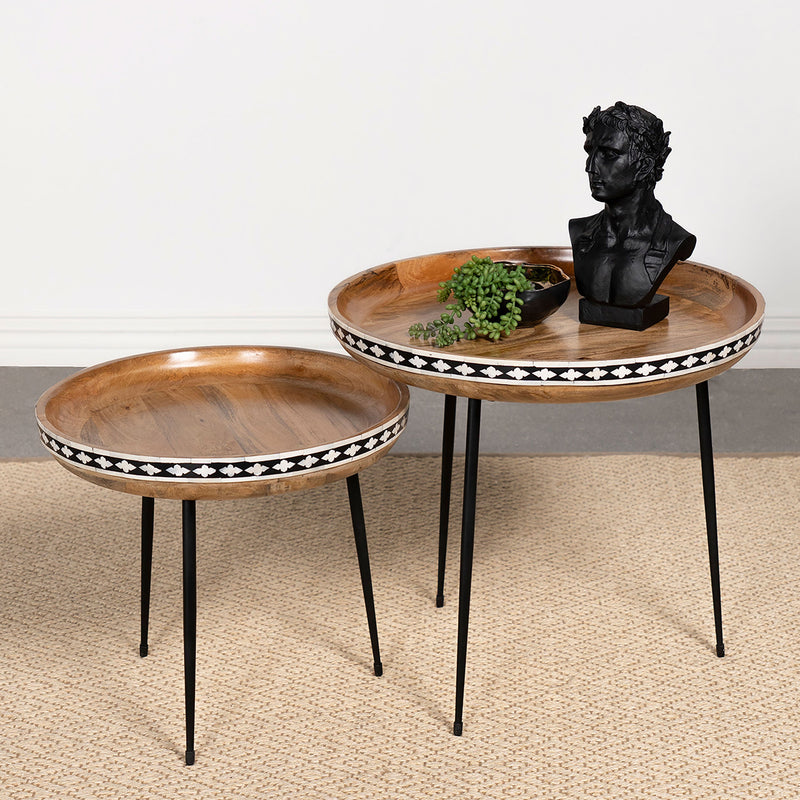 Mesa nido de 2 piezas de madera maciza con incrustaciones de hueso Ollie Natural