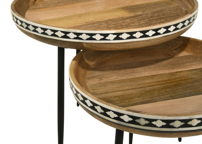 Mesa nido de 2 piezas de madera maciza con incrustaciones de hueso Ollie Natural