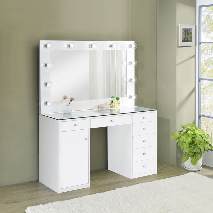 Acena 7-drawer Glass Top Vanity Desk with Lighting White