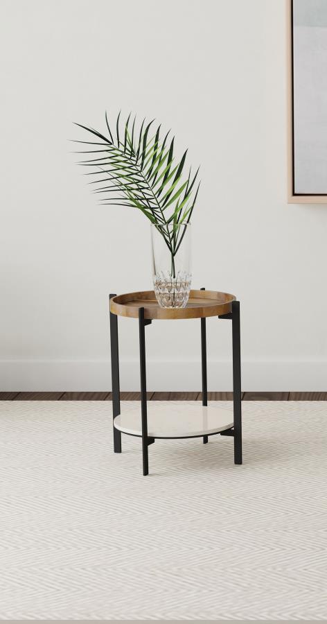 Adhvik Round End Side Table Marble Shelf Natural and Black