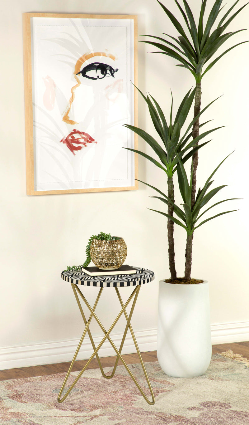 Mesa auxiliar decorativa Xenia redonda con incrustaciones de hueso, blanca y dorada