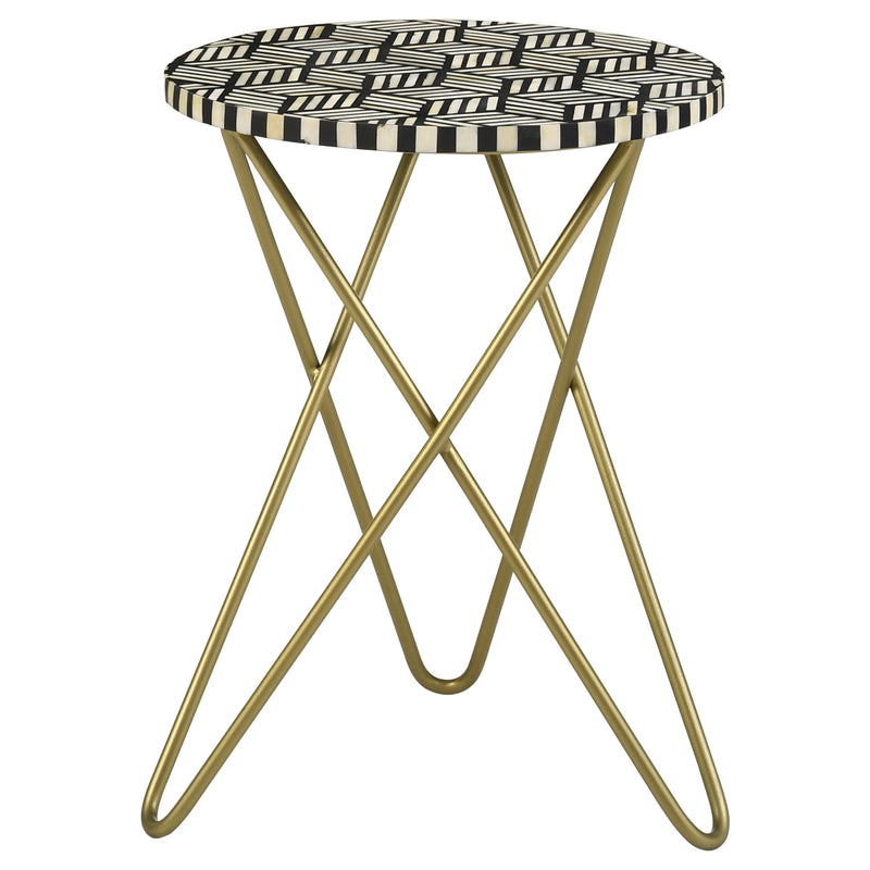 Mesa auxiliar decorativa Xenia redonda con incrustaciones de hueso, blanca y dorada