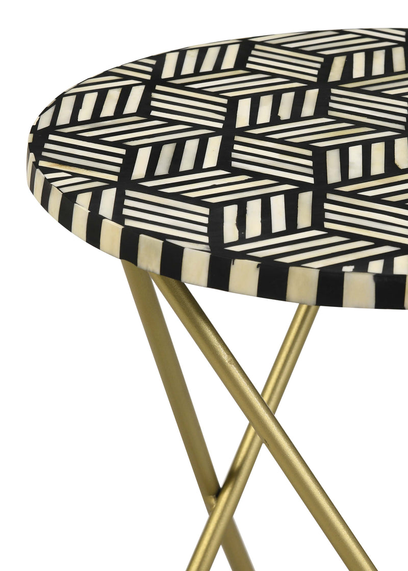 Mesa auxiliar decorativa Xenia redonda con incrustaciones de hueso, blanca y dorada