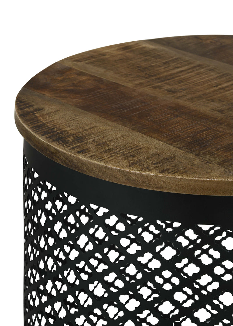 Mesa Auxiliar Redonda Aurora con Base de Tambor, Acabado Natural y Negro