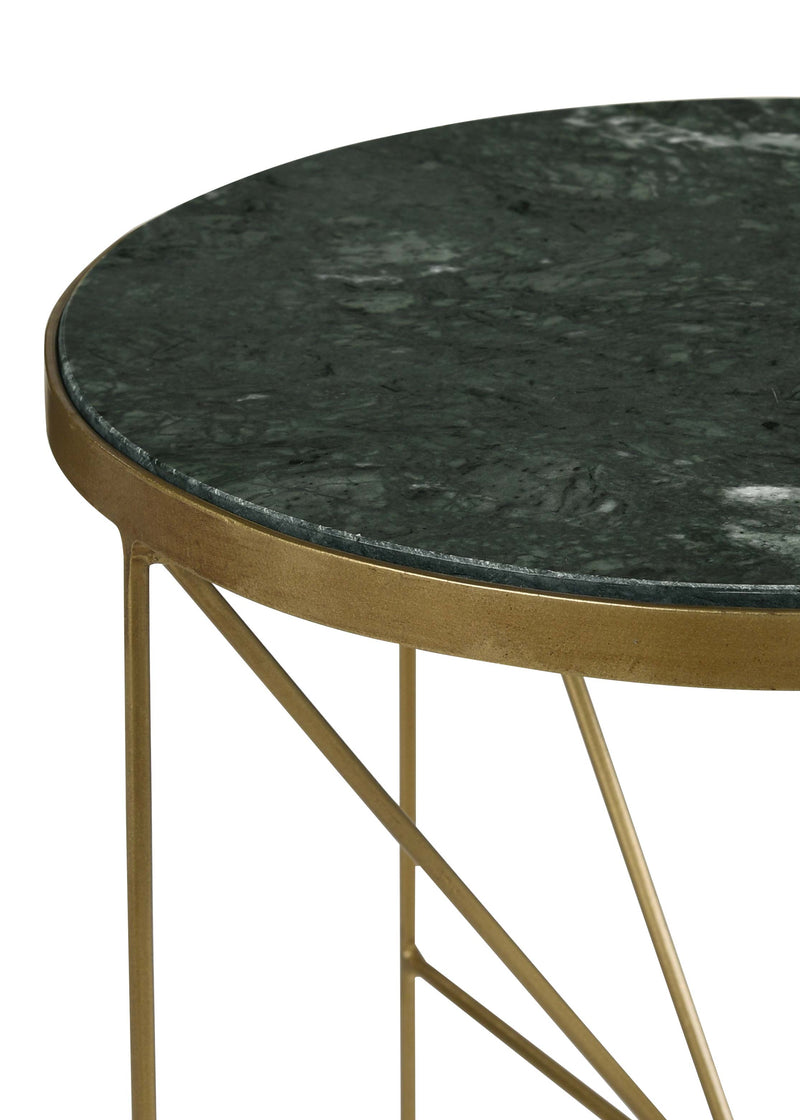 Mesa auxiliar Eliska redonda con tapa de mármol verde y acabado en dorado antiguo