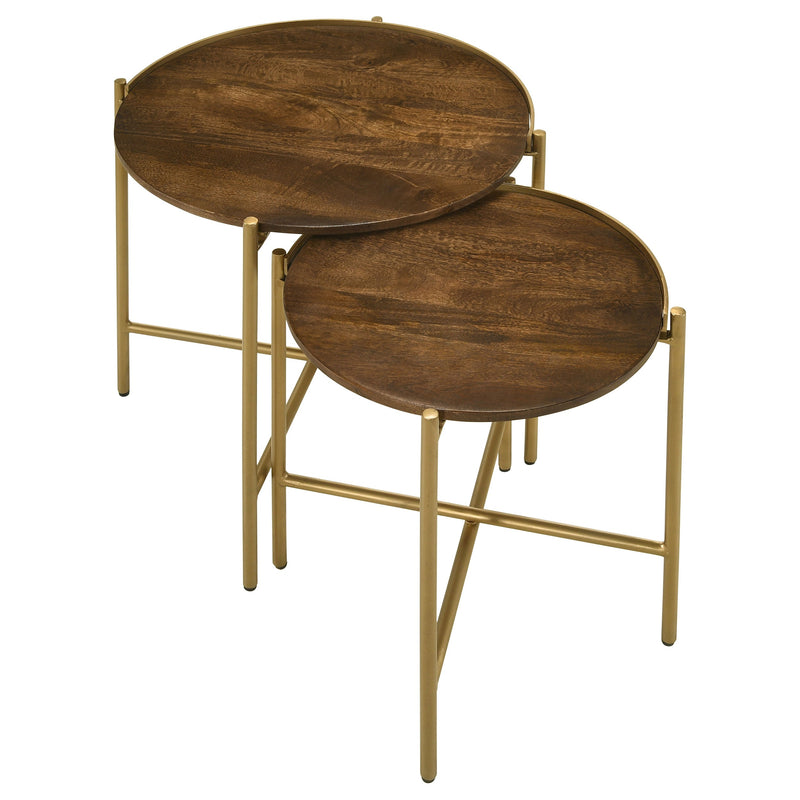 Mesa nido redonda Malka de 2 piezas de madera oscura y dorada