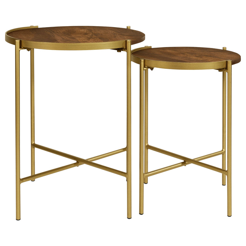 Mesa nido redonda Malka de 2 piezas de madera oscura y dorada