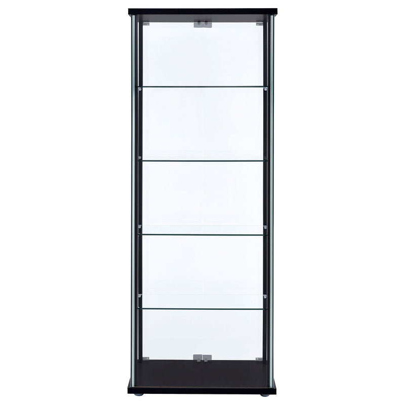 Vitrina Delphinium con 5 estantes de cristal transparente, color negro