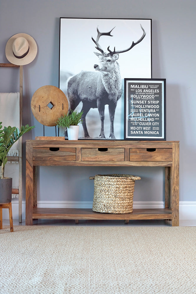 Mesa consola de madera Esther con 3 cajones de palo de rosa natural