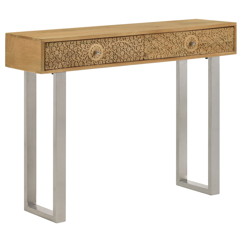 Mesa consola de 2 cajones Draco con detalles tallados a mano en color natural