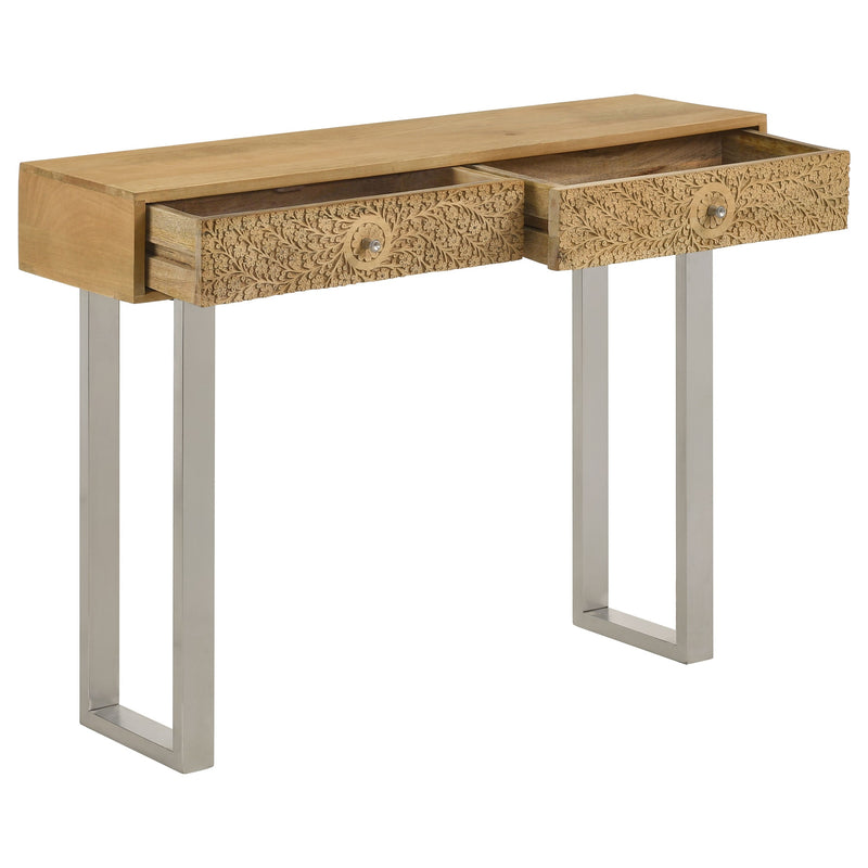 Mesa consola de 2 cajones Draco con detalles tallados a mano en color natural