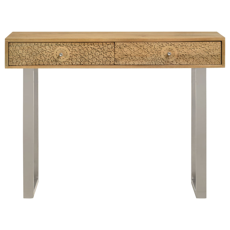 Mesa consola de 2 cajones Draco con detalles tallados a mano en color natural