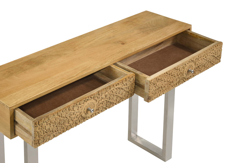 Mesa consola de 2 cajones Draco con detalles tallados a mano en color natural