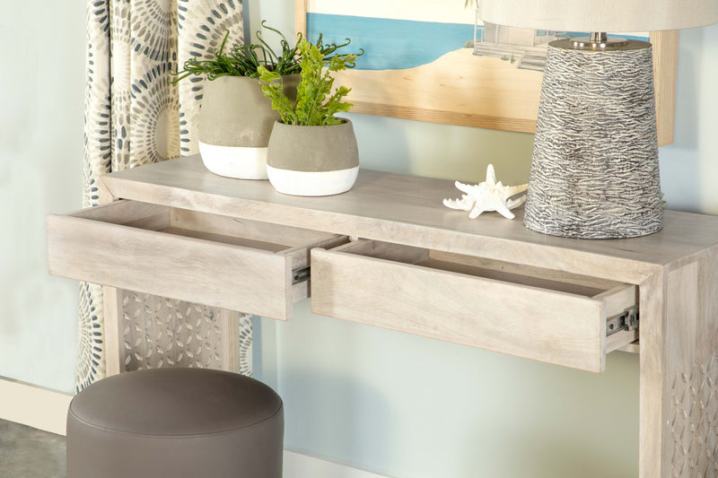 Mesa consola de madera Rickman de 2 cajones para entrada, color blanco lavado