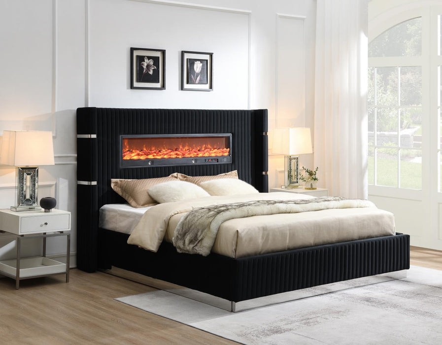 BLACK VELVET KING/QUEEN BED W/FIREPLACE & BLUETOOTH SPEAKER & USB