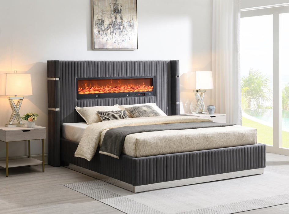 Gray Velvet King Bed W/Fireplace & Bluetooth Speaker & Usb