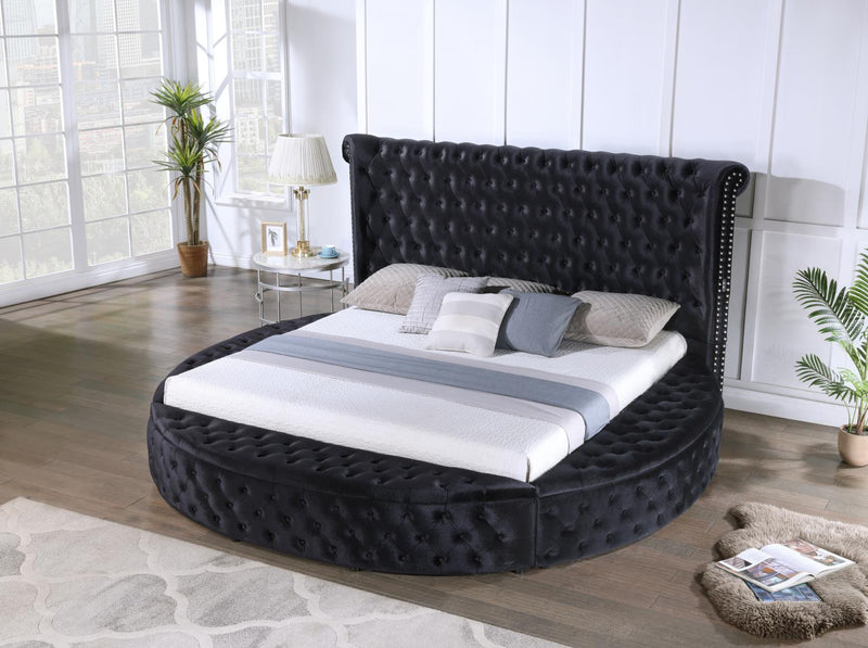 Colección de dormitorio Brielle Cama King de terciopelo negro con altavoz Bluetooth y USB