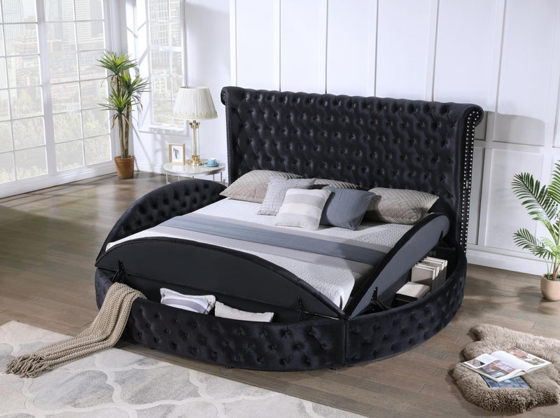 Colección de dormitorio Brielle Cama King de terciopelo negro con altavoz Bluetooth y USB