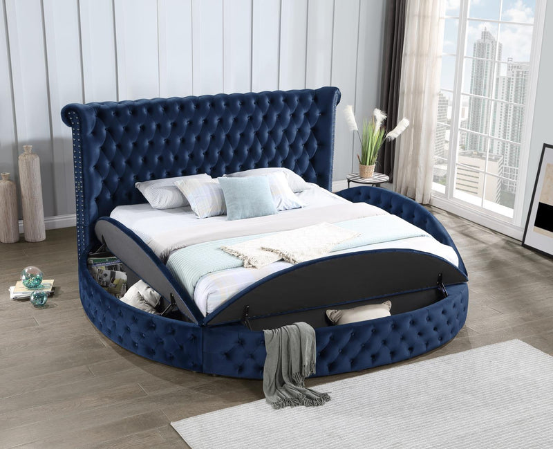 Cama King de terciopelo azul