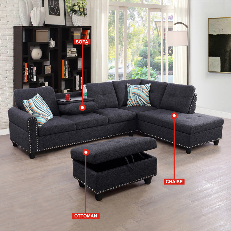 Black Grey Linen 3-Piece Sofa Living Room Sofa Set
