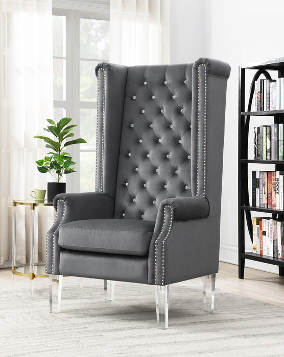 High Back Black Velvet Wing Chair W/Acrylic Legs