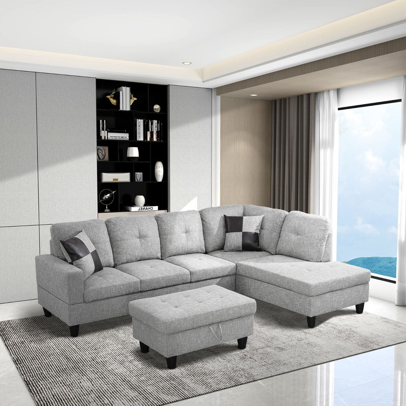 Transitional Style  2 piece Sectional+Ottoman in Linin Gray color in Linin