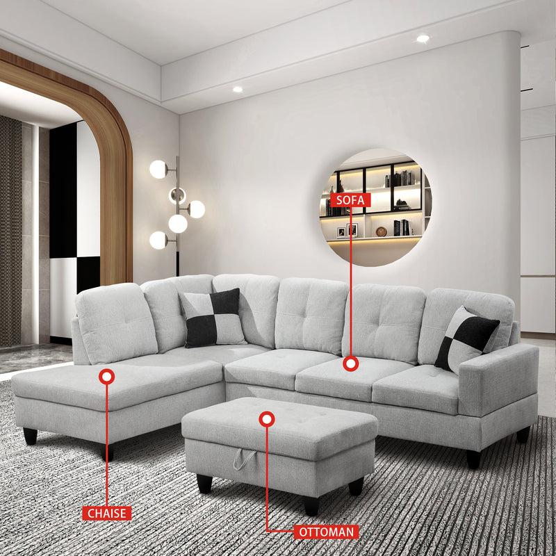 Juego de sofá seccional de 3 piezas de franela blanco roto BE-F121