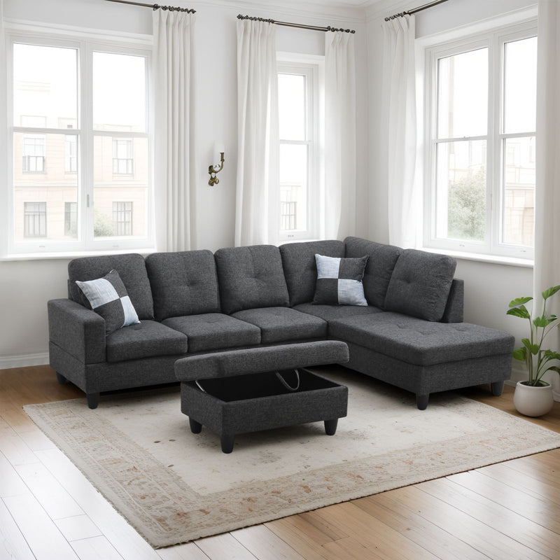 Transitional Style  2 piece Sectional+Ottoman in Black Gray Linen